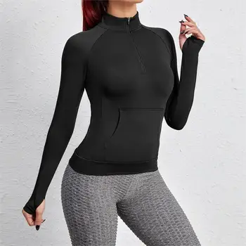 High Neckline Zipper Gym Sports Shirt With Pocket Woman Breathable Sports Yoga Clothes Long Sleeve