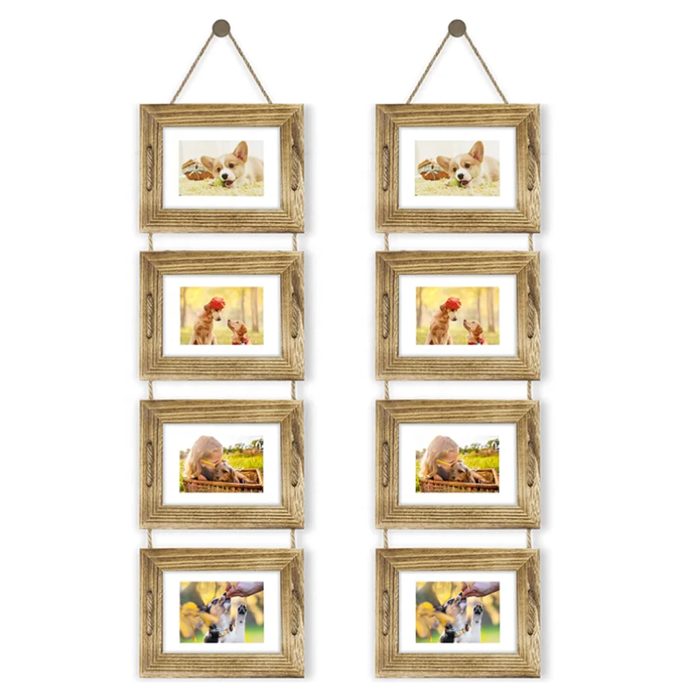 Rustic Wall Hanging 4 x 6 Collage Picture Frame Wooden Bamboo 3-Frame Set  On Hanging Rope