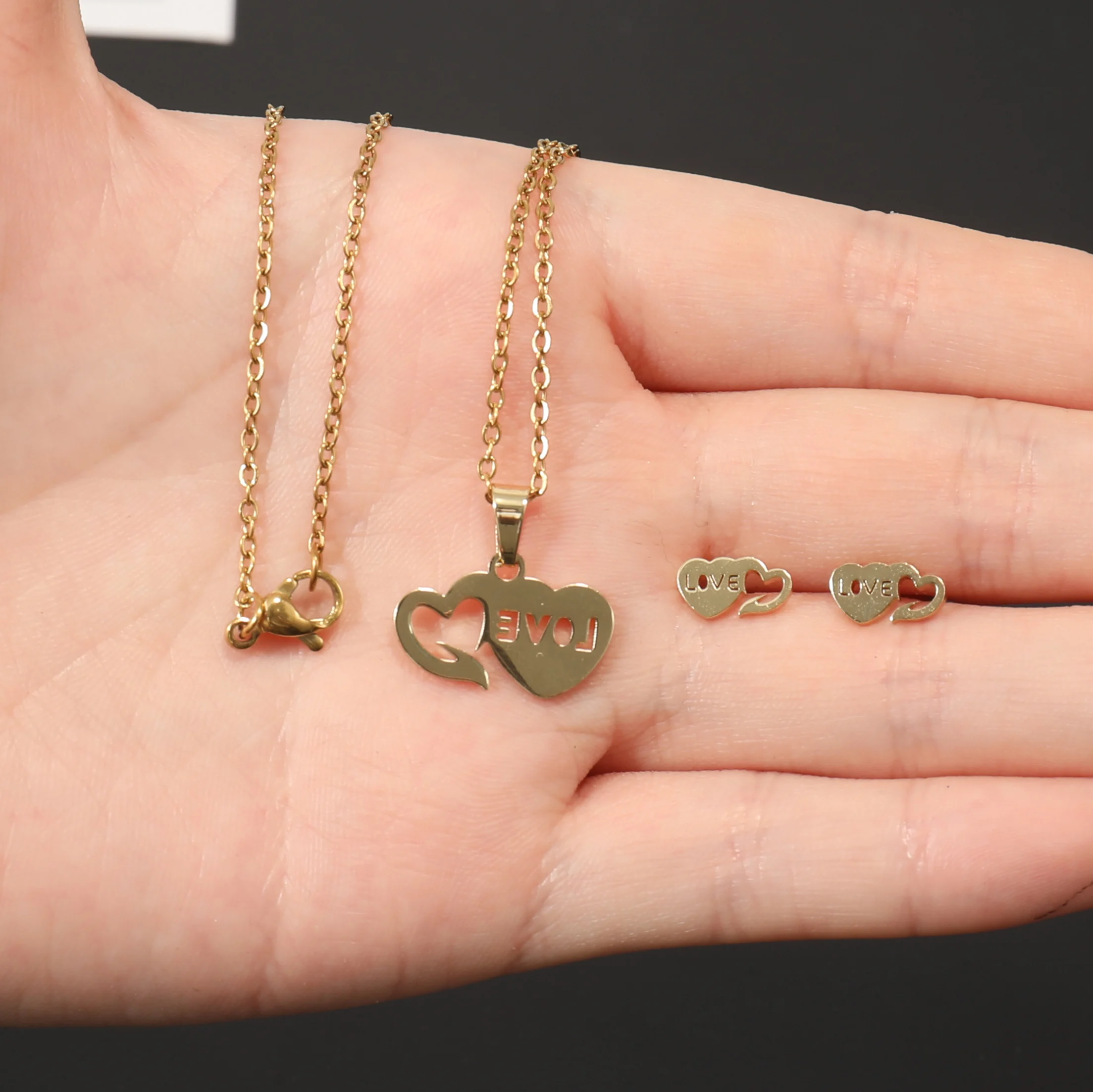 Risingmoon Fashion 18k Gold Plated Stud Earrings Stainless Steel Necklace Set Jewelry Sets For