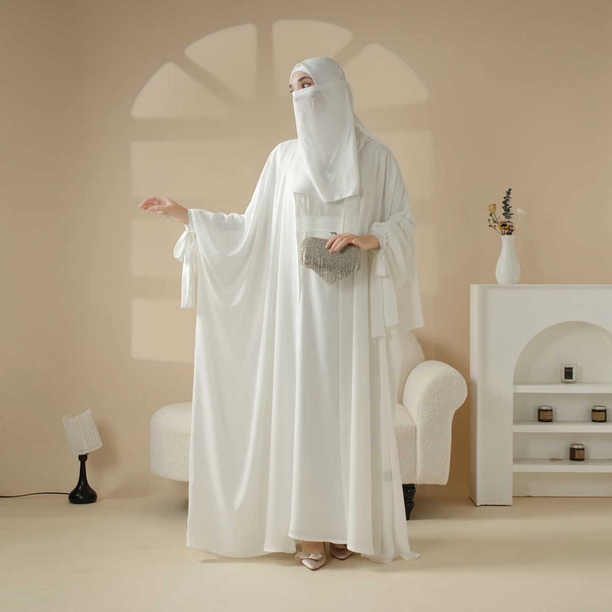 Caftano Marocchino Lungo Farasha In Georgette | Abito Elegante Dubai Con Maniche Kimono, Vino