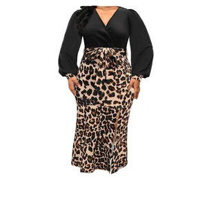 Customize Fashion Autumn Maxi Robe Sexy Femme Deep V Contrast Leopard Print Natural Waist Split Dress with Belt Breathable