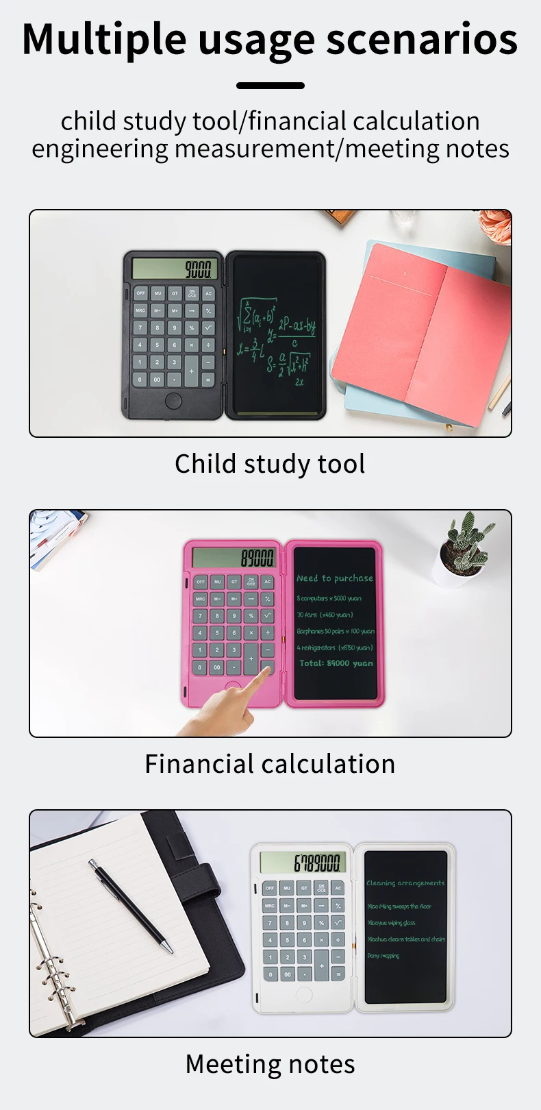 12-Digit Calculator With Writing Tablet Desk Calculator Large Display Basic Office Calculators 6'' LCD Writing Board