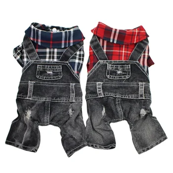 Custom Logo Brand In Stock Wholesale Pet Clothes Jean Jacket Pet  checkered denim onesie  Coat Dog Jacket for Puppy Small