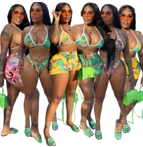 Allure Modest Hot Shorts 3 Piece Bikini Set Sexy Bathing Suit Halter Bra  With Thong Cute Colorful Floral Print Fitness Swimwear