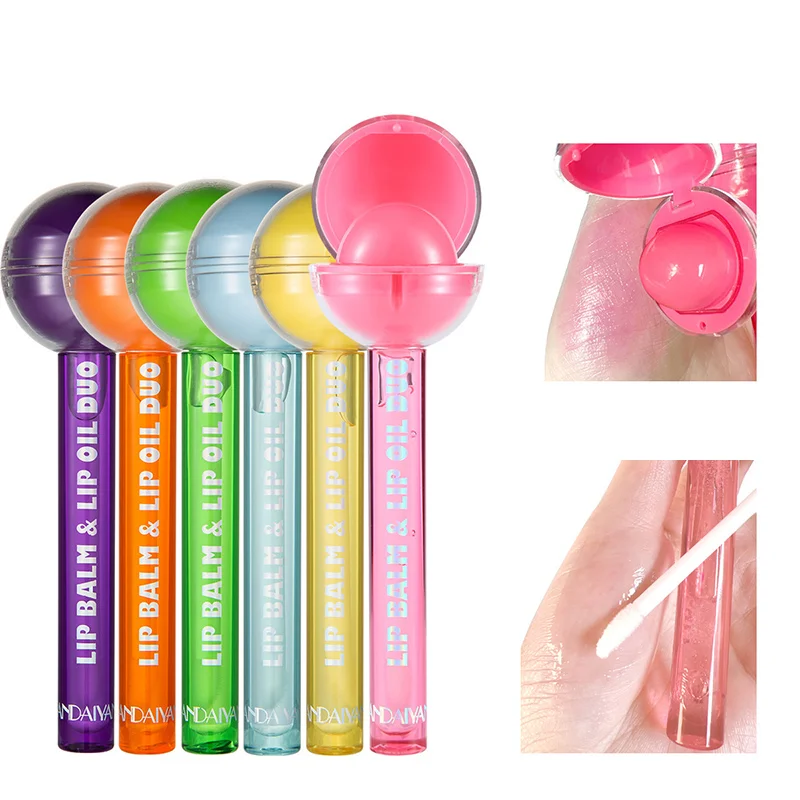 HANDAIYAN 2 in 1 Dual Use Cute Lollipop Lip Balm Color Changing Moisturizing Lipstick Lip Oil Lip Gloss