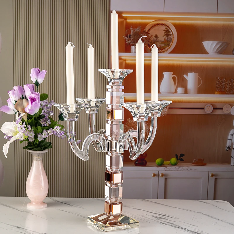 Small Bridge Glass High Long Handle Five Arm Glass Candle Holder Wedding Center Home Decoration Crystal Candlestick