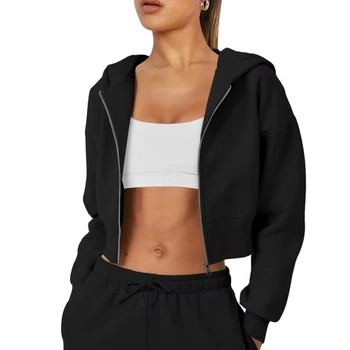 New street long sleeved top with fleece zipper cardigan, hooded hoodie, casual coat for women