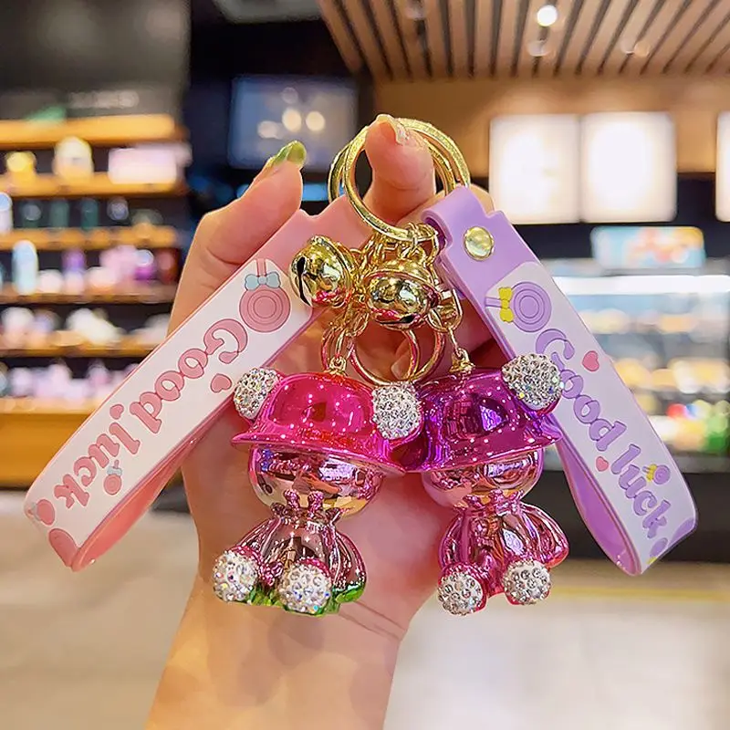 Custom Wholesale Electroplated Bear Keychain 3D Rubber Bear Doll Keyring with Leather Rope Pendant for Girl Gift
