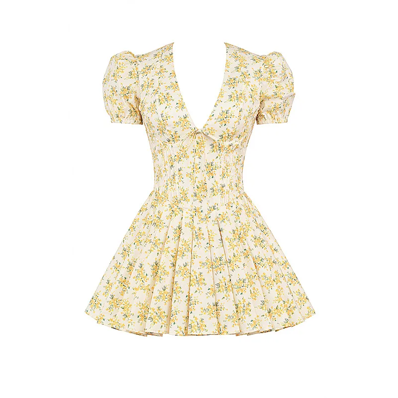 Factory Wholesale 2024 Retro Yellow Floral Short Dress Deep V Sexy Pleated Spring Casual Dresses Lace-up Slim A-line Dress Factory Wholesale 2024 Retro Yellow Floral Short Dress Deep V Sexy Pleated Spring Casual Dresses Lace-up Slim A-line Dress
