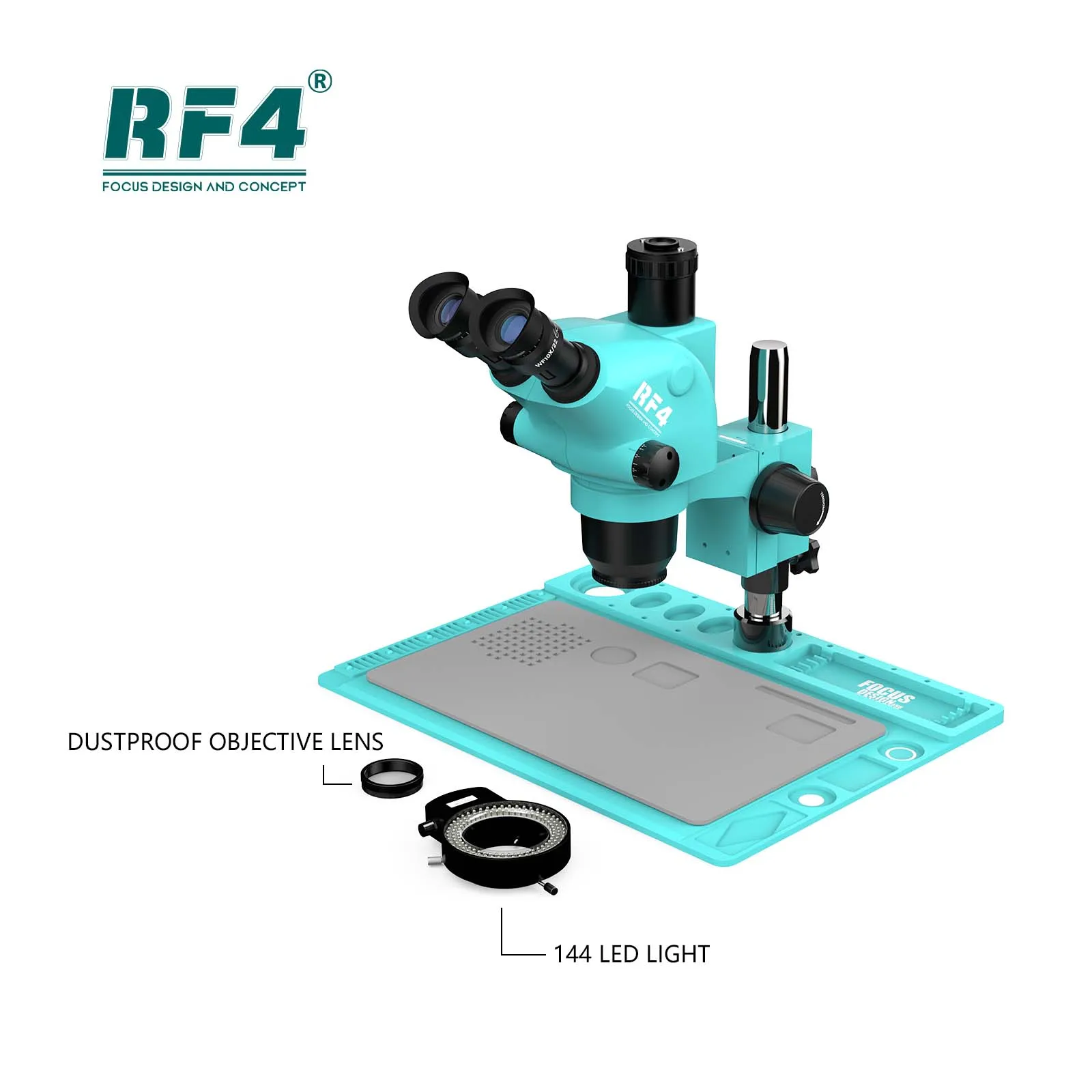 Microscope stéréoscopique trinoculaire RF4 RF6565TVD2 6,5-65X avec éclairage LED 144 + objectif anti-poussière 0,5X pour la réparation de cartes mères électroniques