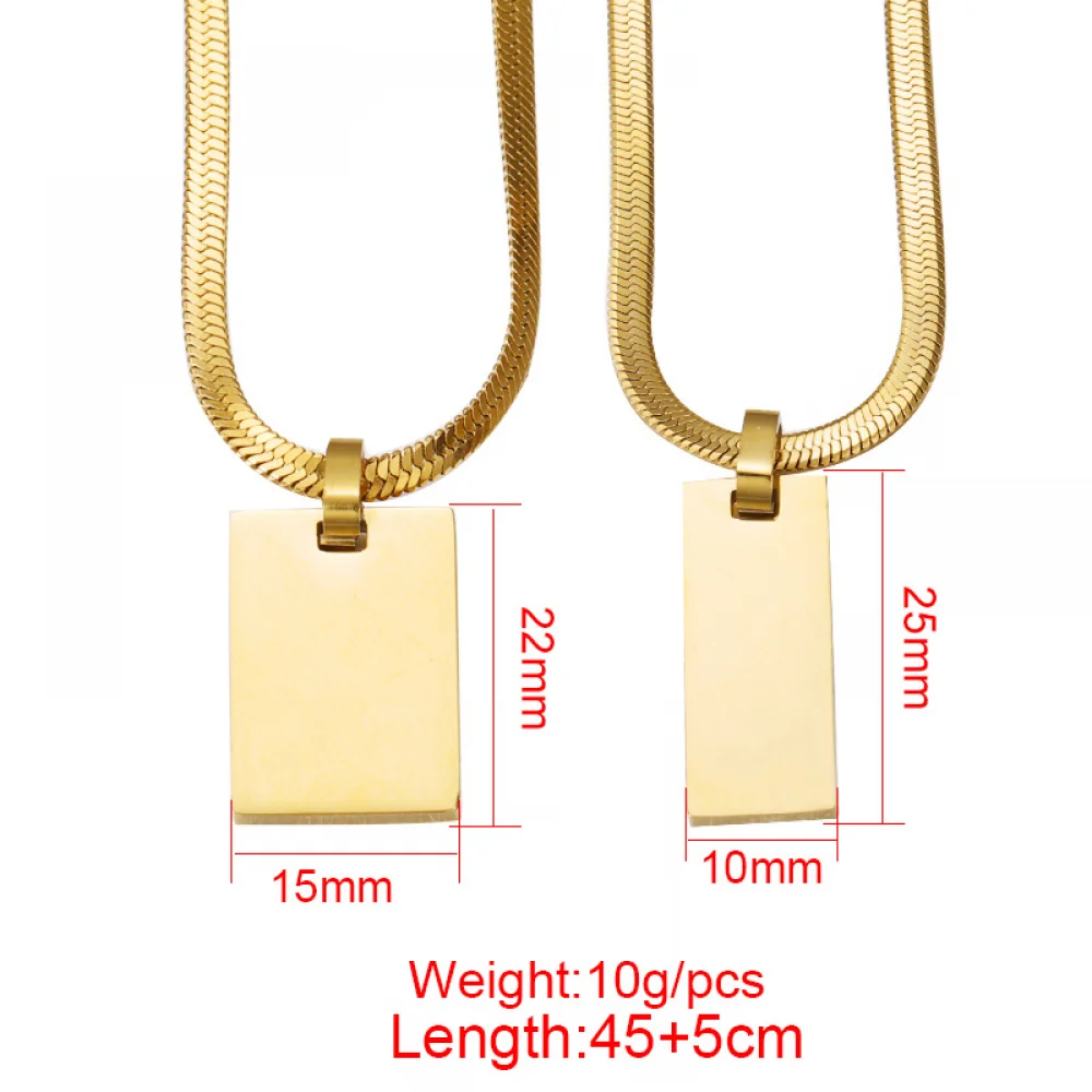 Tarnish Free Fashion Jewelry Flat Snake Chain Stainless Steel Rectangle Engrave Blank Pendant Logo Name Plate Custom Necklace