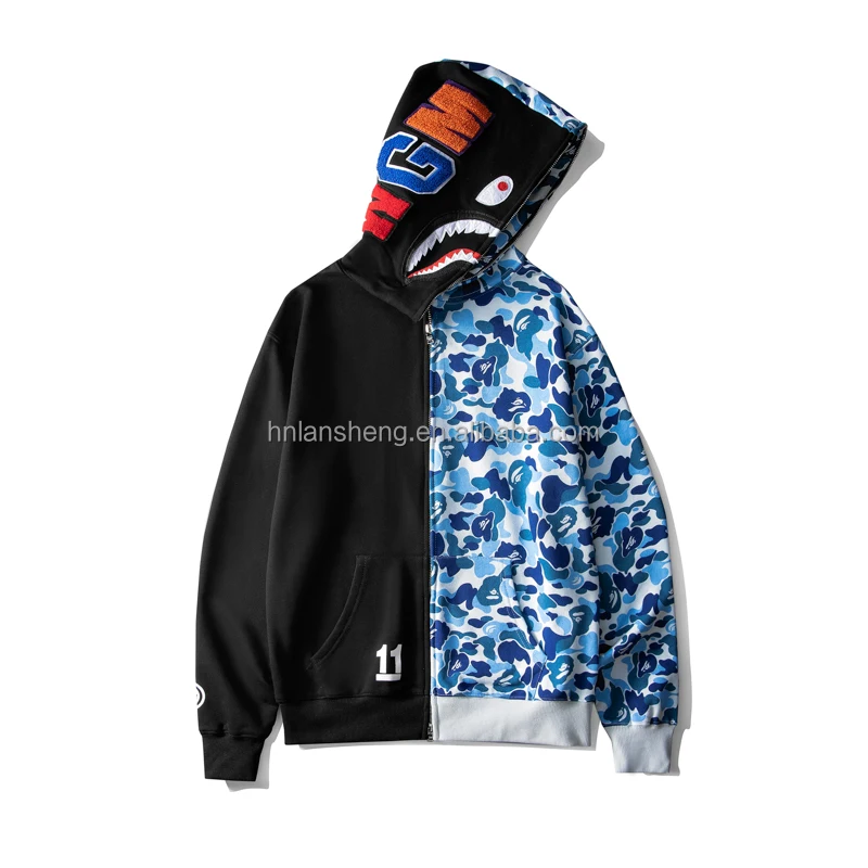 100% Cotton Top Quality Bathing Ape Shark Camo Zip Up Streetwear Outfit ...