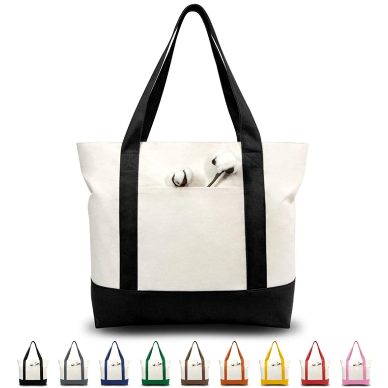 Custom with Logo Printing Blank Plain Pocket and Zipper Shoulder Handle Extra Large Shopping Cotton Canvas Tote Bags