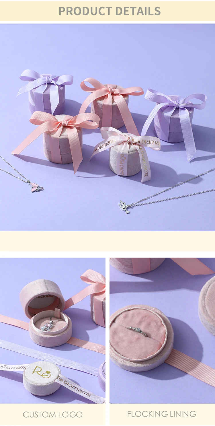A1 High End Cylinder Velvet Jewelry Box Accessories Storage Ring Pendant Organizer Custom Size Ribbon Gift Box Design manufacture