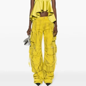New Women's Custom Yellow Denim Pants Cargo Pants Style Button and Strings Wide Leg Straight Pants