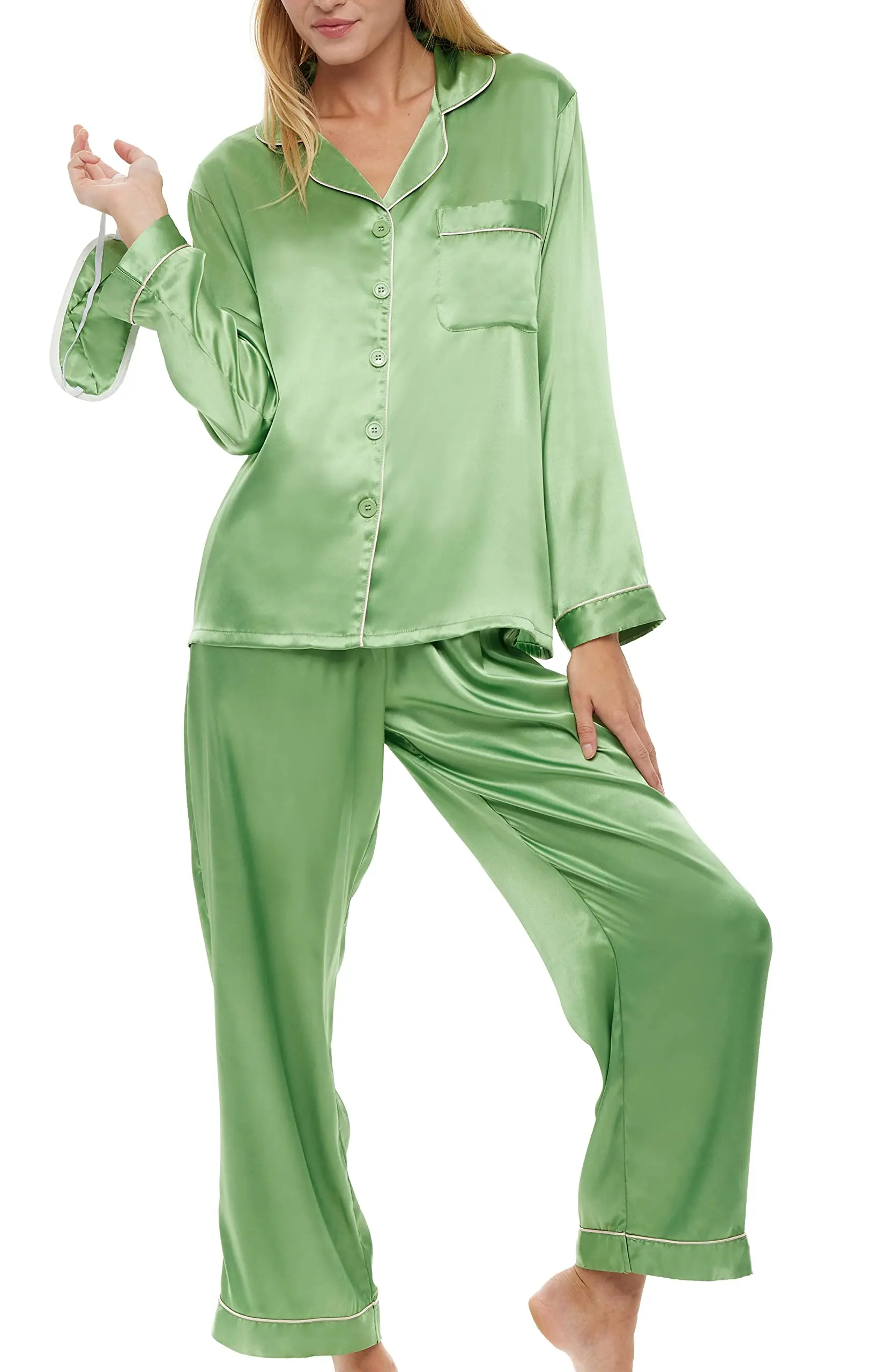 Womens Satin Pajamas Set Long Sleeve Top Pants With Pockets Silk Sleepwear With Matching Sleep 