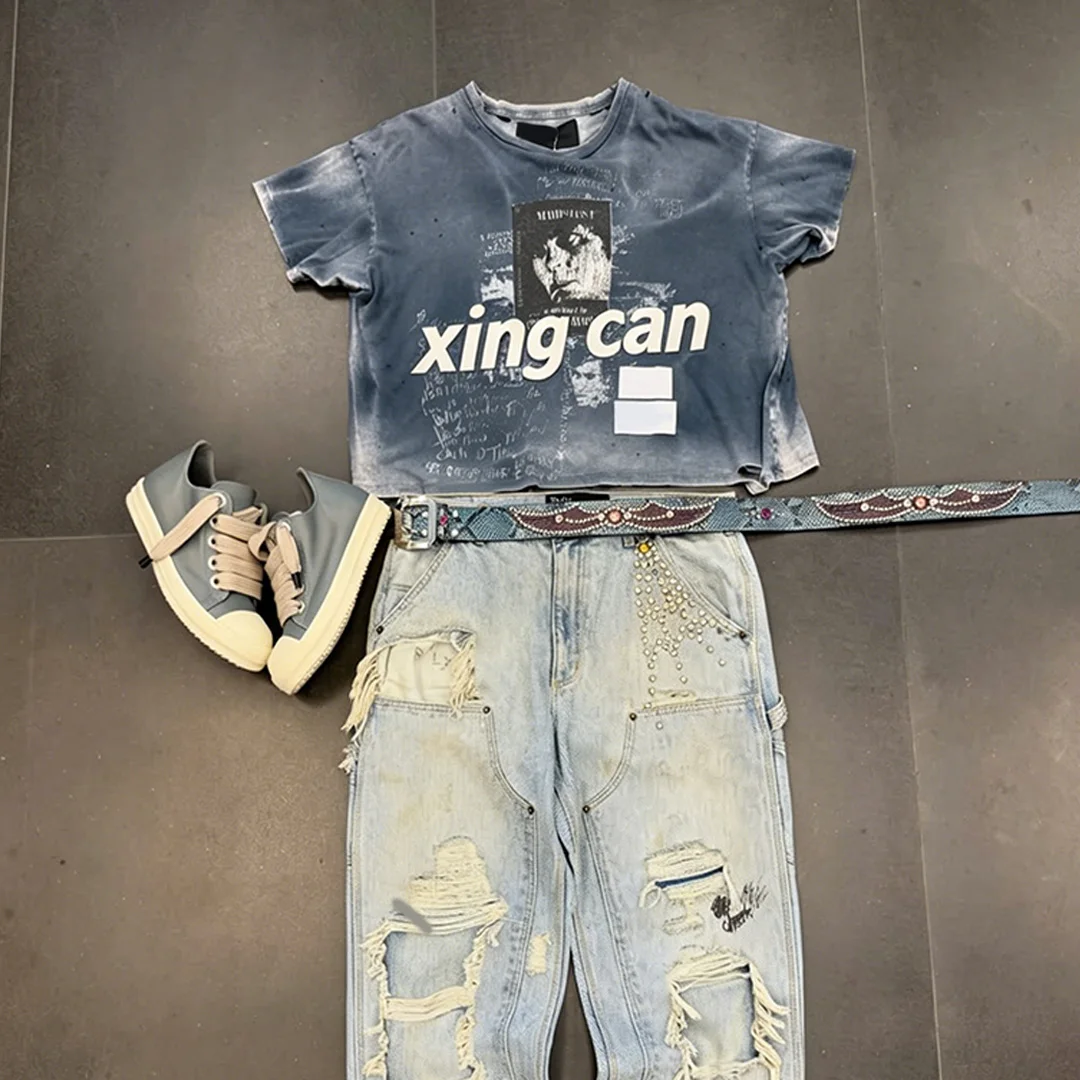 Niestandardowa koszulka T-shirt z kryształkami, zestaw męski w stylu vintage z efektem odbarwienia, ciężka, 100% bawełniana, z nadrukiem DTG, retro, o sylwetce boxy, niestandardowy strój