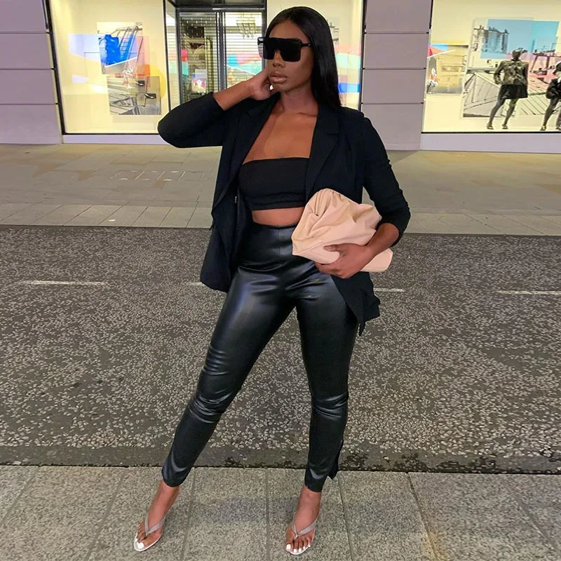 split leg leather trousers