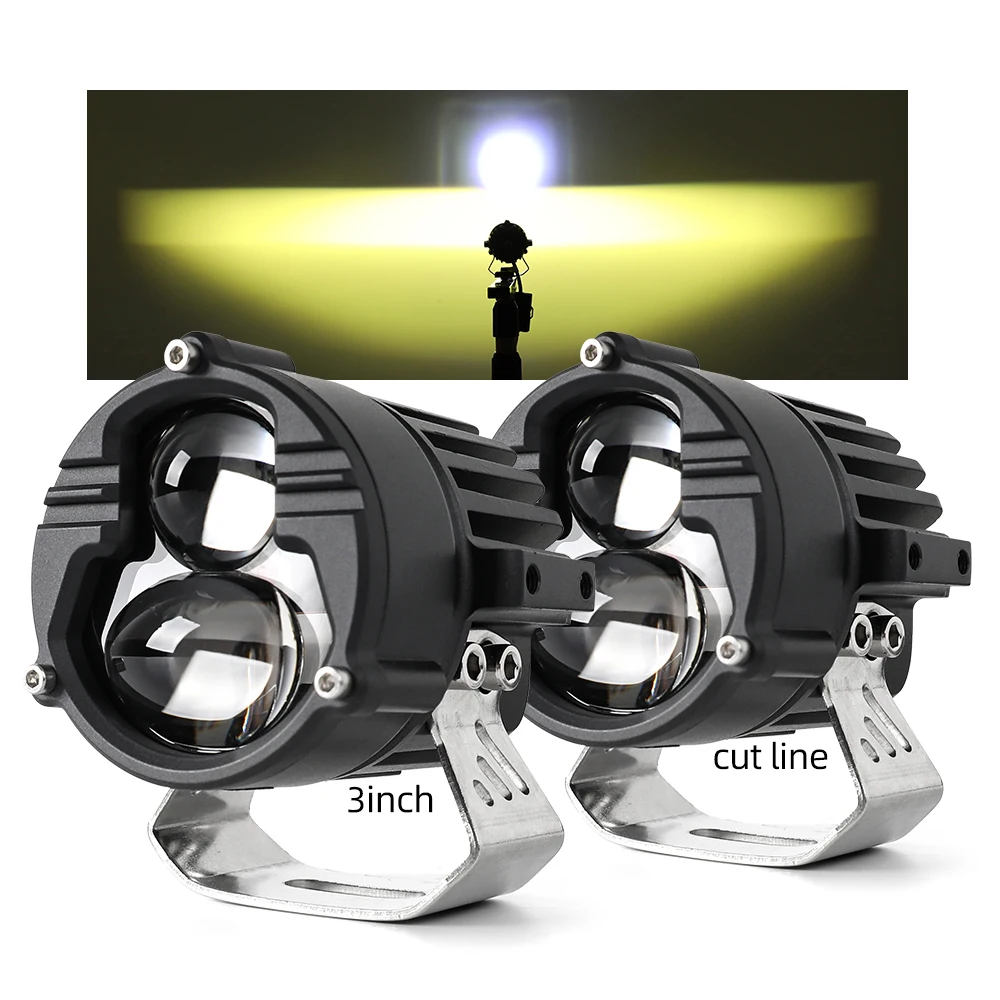 12V Motorcycle LED Headlight Projector Lens Dual Color with Strobe ATV Scooter Driving Laser Auxiliary Spotlight Lens Lamp