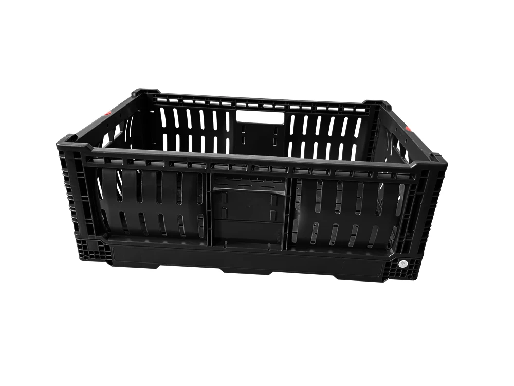 Black 6422 Reusable RPC Vented Type Plastic Crate for Vegetable Fruit Transportation Foldable Stackable Perforated Structure