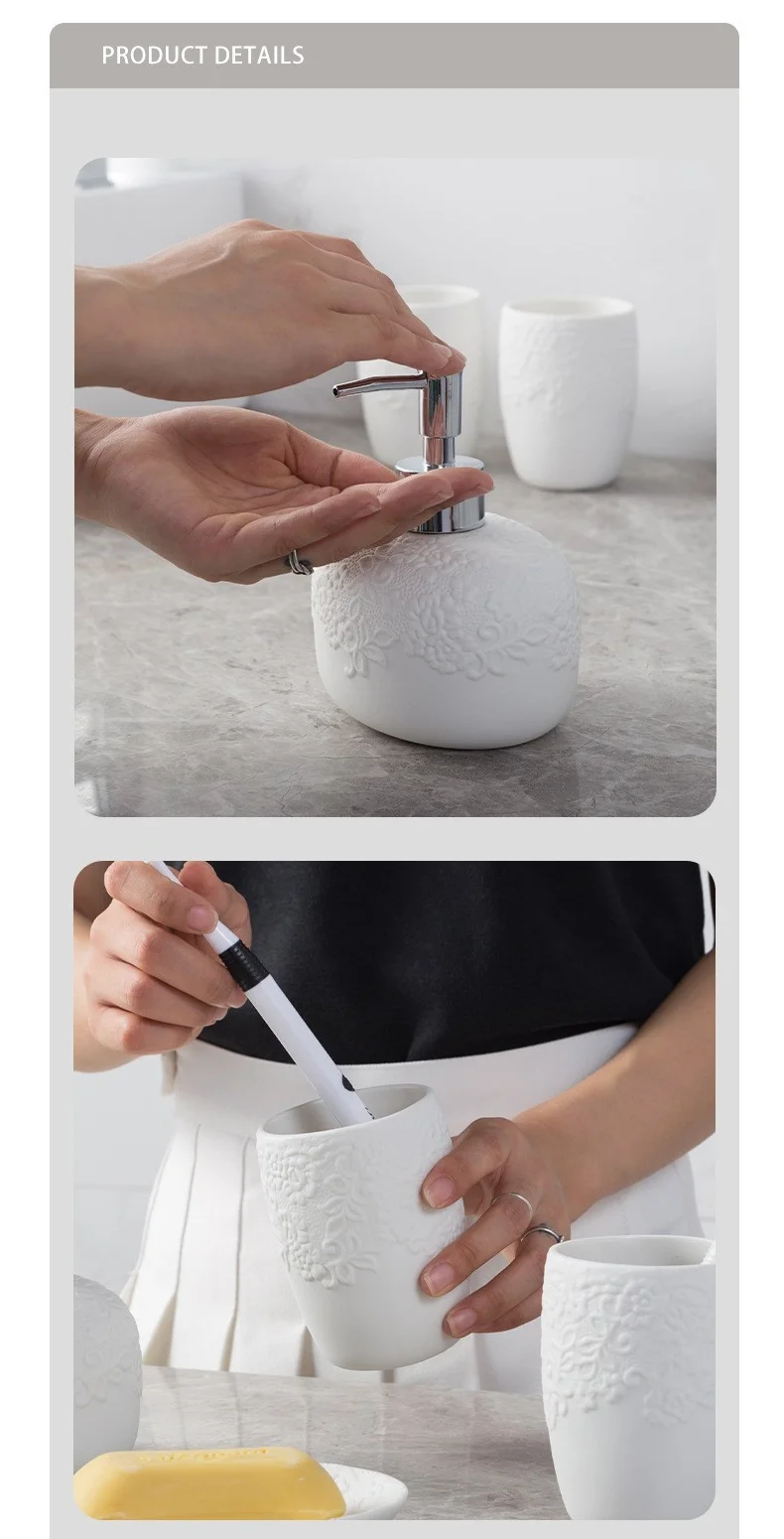 Ceramic White Bathroom Accessories Set With Embossed Design 4pcs