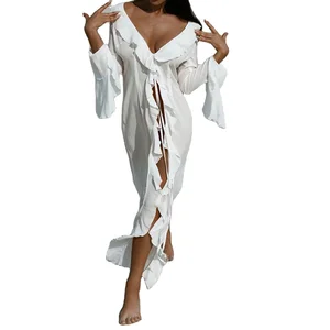 2026 Spring Summer New Women's Vacation Style Long Sleeve Lace Chiffon V-neck Asymmetrical Breathable Cardigan Dress Beach