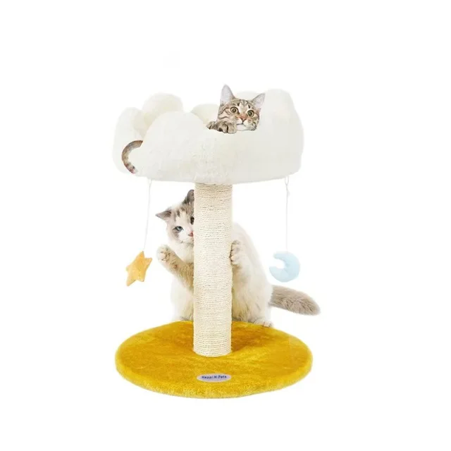 Unique Moon Cloud Cat Toy Multi-Level Wood Tree with Sisal Rope Scratching Post and Plush Hammock Cute Cat Houses