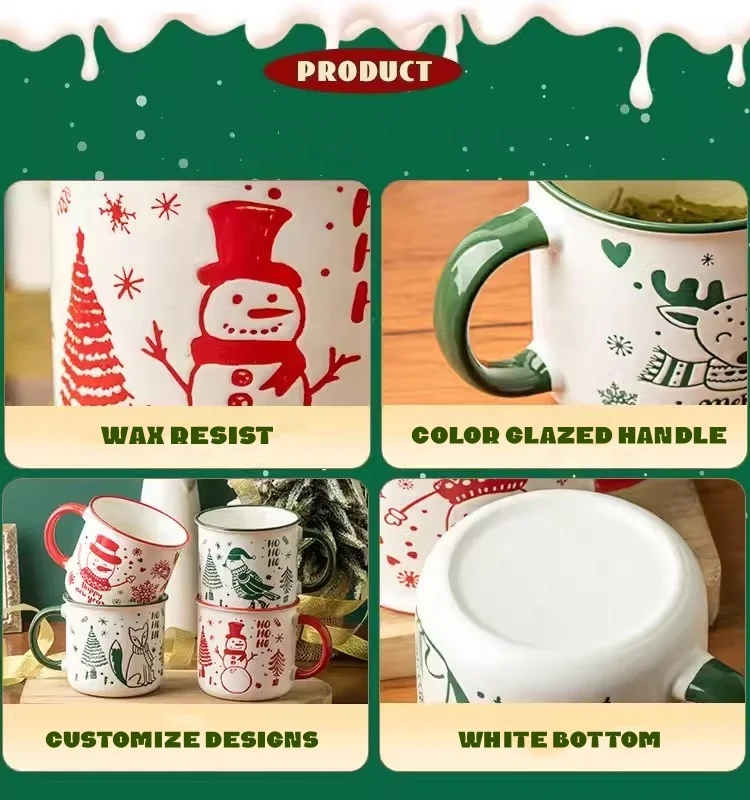Wholesale Ceramic Christmas Mug 360ml Santa Snowflake Embossed Holiday Red Coffee Mug