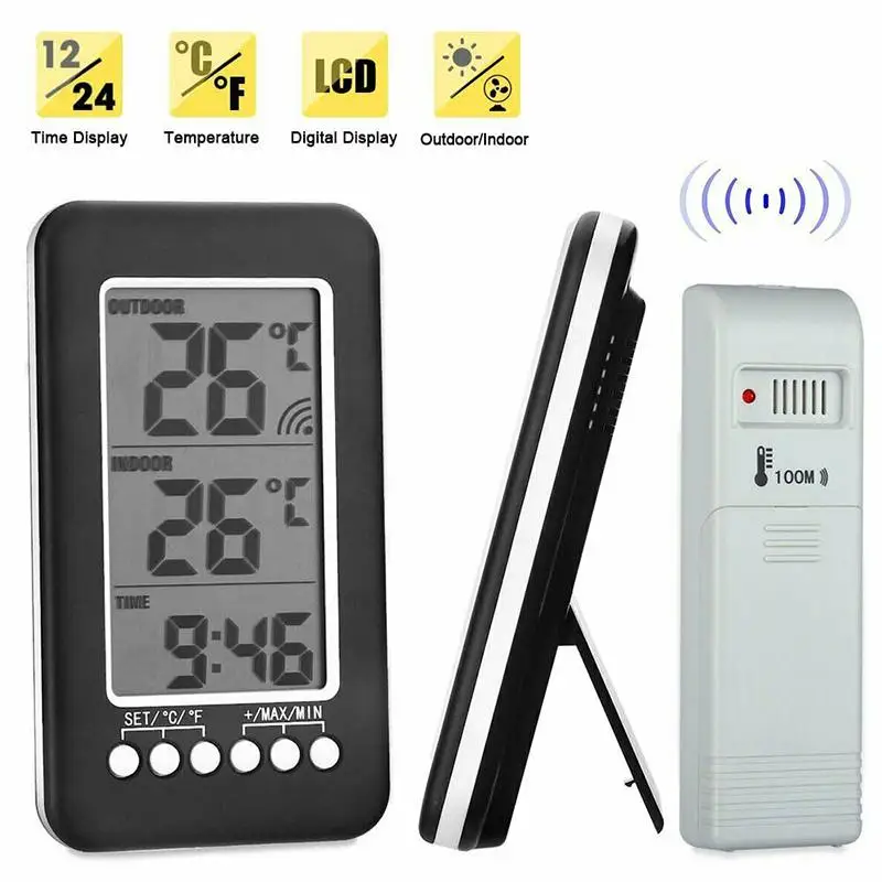 Household LCD Digital Wireless Indoor/outdoor Wall Hanging Clock Weather Station Thermometer Hygrometer