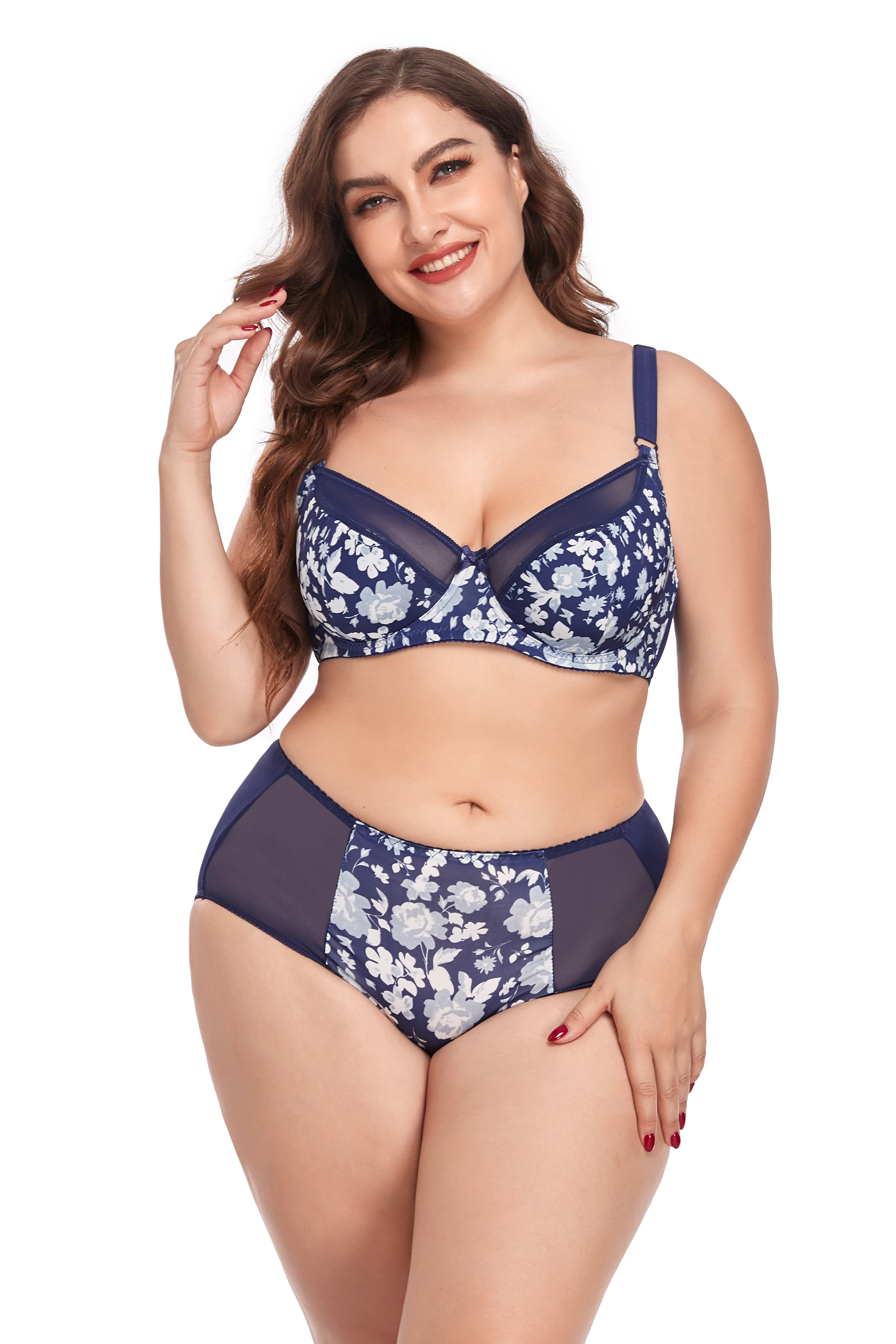 Rts 2023 New 38d 48d Womens Plus Size Lingerie Set Floral Print Underwear Set Ultrathin Unlined 