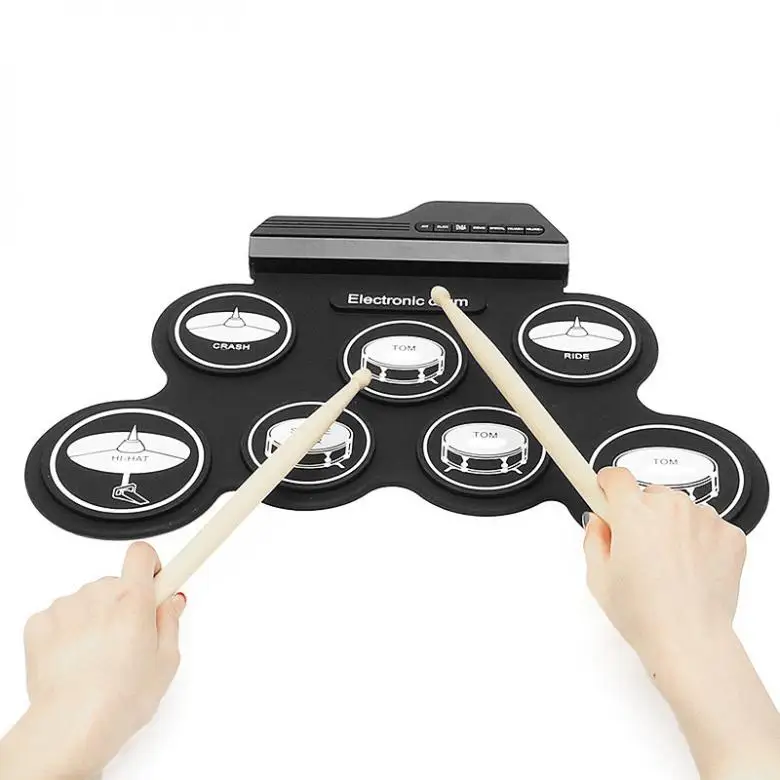 Roll-Up Electronic Drum Portable Rolling Up Silicone Electronic Drum Pad Set Kit with Pedals Sticks USB Cable Drum Instruments Toy for Kids 