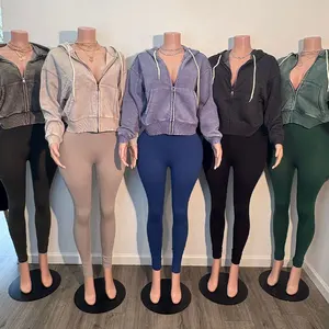 Huili Solid Color Blank Outfits Custom logo Vintage Activewear Y2k Acid Wash Zip up Hooded & Leggings Two Piece Women Hoodie Set