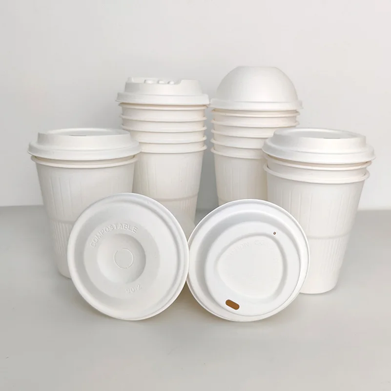 95mm Flat Lid Sugarcane Bagasse Disposable 100% Biodegradable Bagasse Cover Coffee Cup Paper Dome Lids