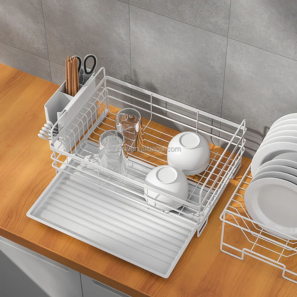 Drying with Tray 2 Tier Foldable Bowl Folding Wall Mounted Stainless Steel Over the Sink Hanging Dish Rack Kitchen Dish Racks