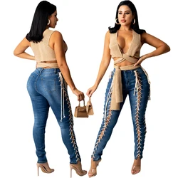 New Arrivals Ladies Ripped Denim Jeans Patchwork High Waist Women Washed Bandage Jeans Pants