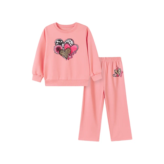 Children Girls Clothing Set Long Sleeve Sweatshirt Loose Pants Cartoon Heart Pattern Autumn Sweet Outfit 100% Polyester