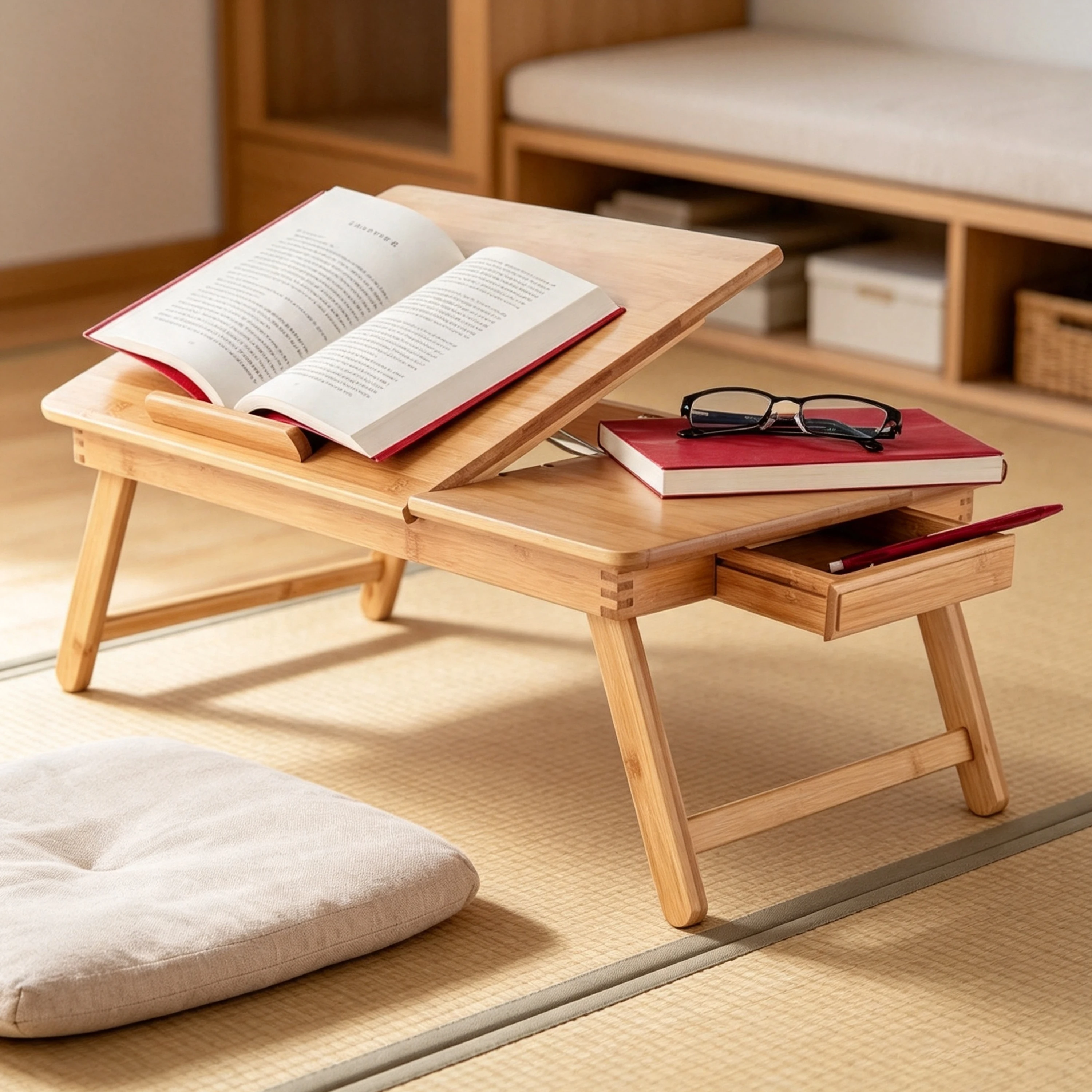 Flip Top Lap Desk with Drawer Foldable Serving Bed Tray with Drawer Bamboo Adjustable Laptop Table  With Legs for Home
