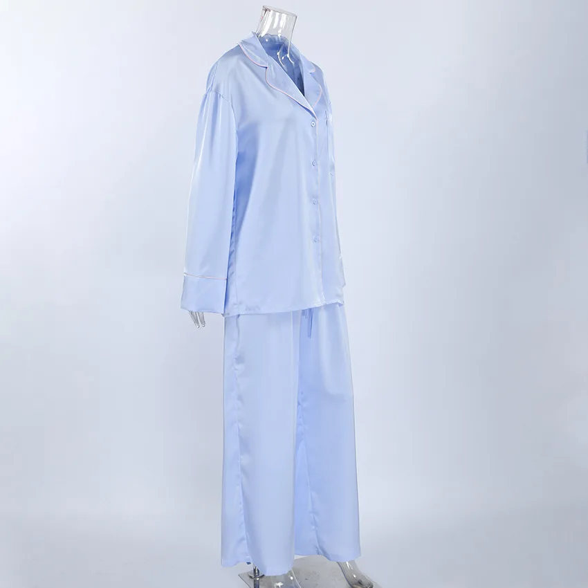 Women's Autumn Winter Soft Polyester Pajama Set Lapel Long Sleeve Shirt Loose Pants Casual Loungewear — detail