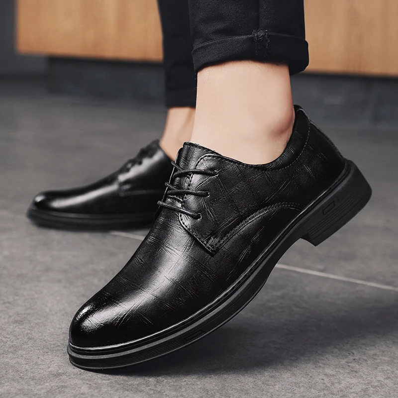 High Quality Genuine Leather Shoes Men Casual Dad Shoes Comfortable Lace up  Black Chef Business Office Shoes