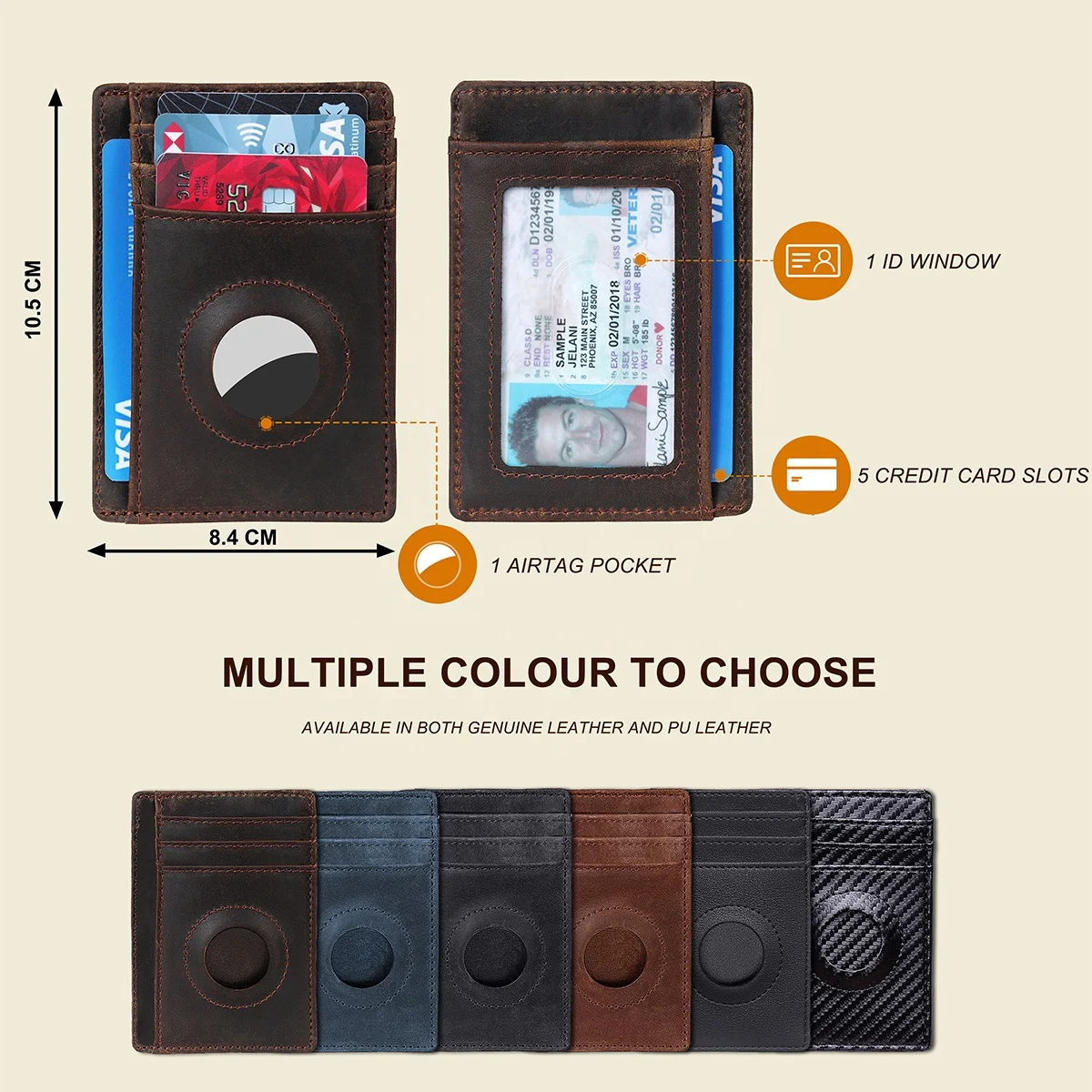 Genuine Leather Card Holder Wallet With AirTag Slot - RFID Blocking Pop-Up Minimalist Wallet (Blue) - View #4