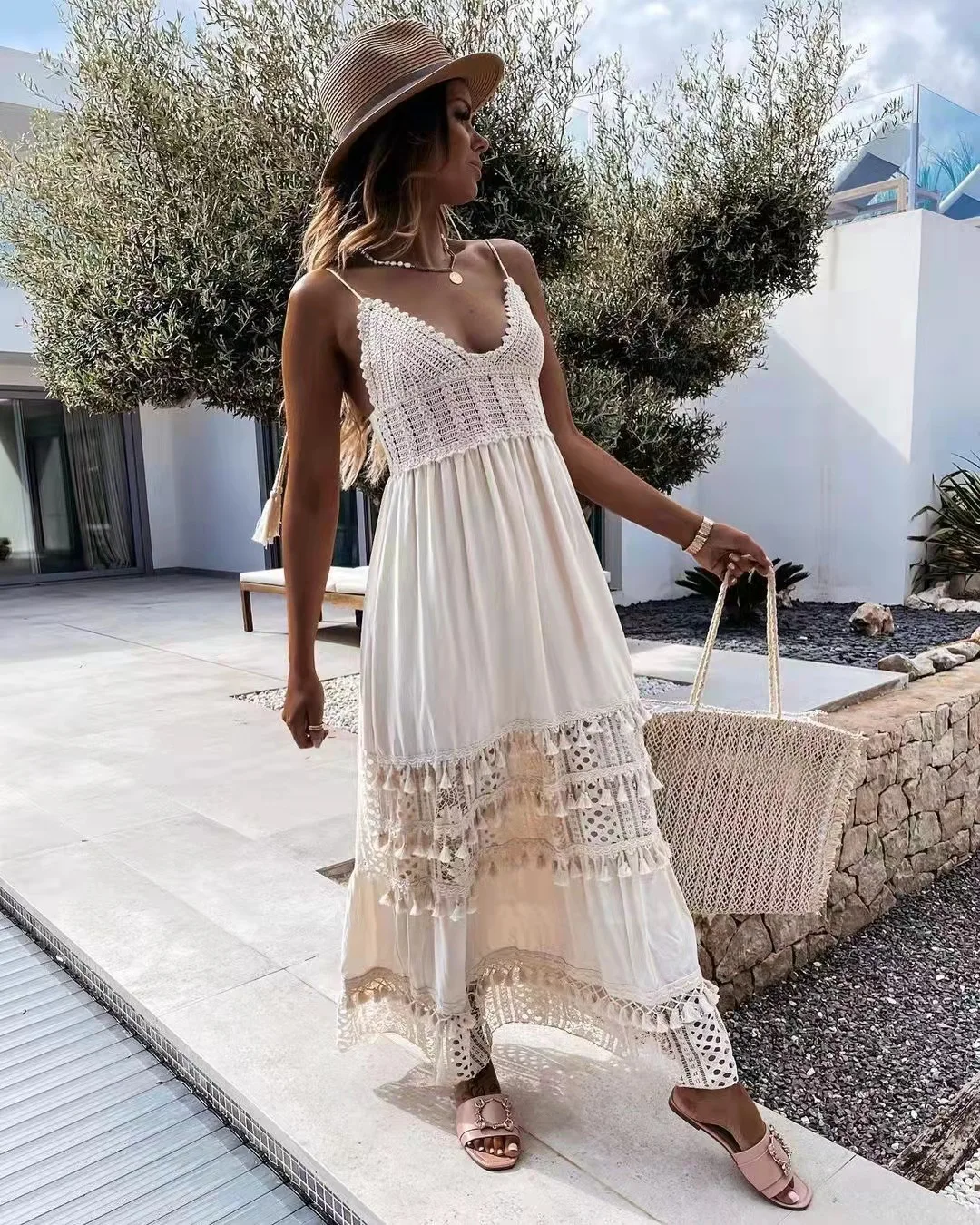 2024 Fashion Summer Dresses Plus Size Women's Dresses Boho slip Long White  Lace Beach Dress