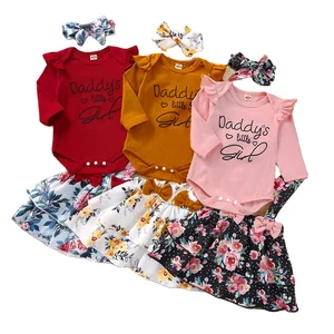 2021 Autumn Toddler Baby Clothes Outfits Letter Romper Bodysuit Suspender Skirts Hairband 3pcs Suit Kids Children Clothing Girls
