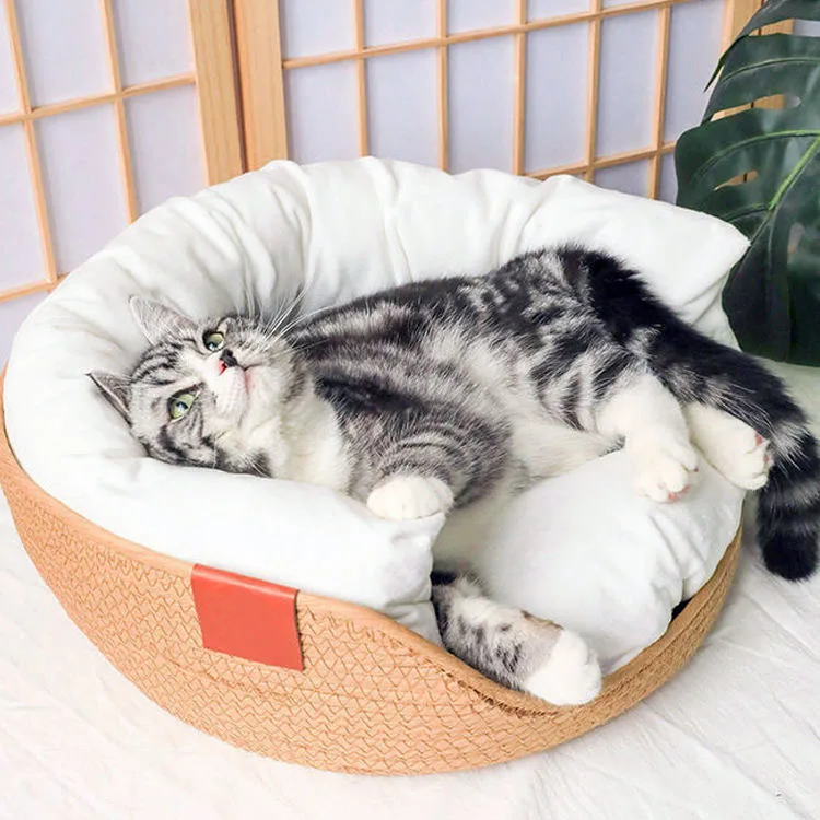 New Eco Friendly Rattan Pet Bed Plush Round Rattan Cat Cushion Deep