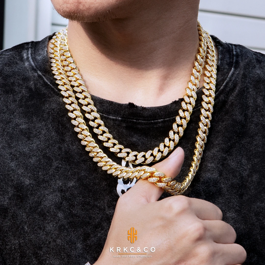 Krkc 12mm Hip Hop Men Iced Out Cz Chain Set White 14k Gold Cuban ...