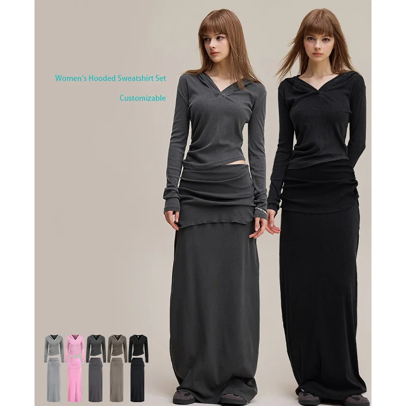 2025 Custom Women's for Lounge Set Fall Cotton Long Sleeve V-Neck Slim Fit T-Shirt & Pants Casual Knitting Style for Autumn