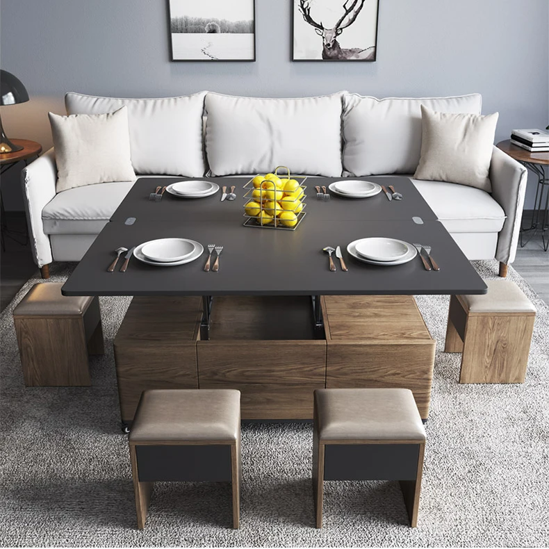 Multi-function Modern Folding Coffee Table  Tea Table Wooden with Stools and Wheels for Living Room Furniture