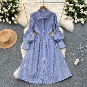 2026 Elegant Temperament Slim Shirt Dress Long Sleeve Casual High Waist Long Dress