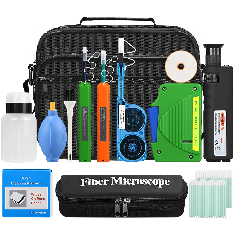 COMPTYCO Fiber cleaning Tool Kit 14pcs One Click 1.25/2.5mm MPO Cleaning Pen/Box 400X Fiber Optic Microscope Fiber Optic Cleaner