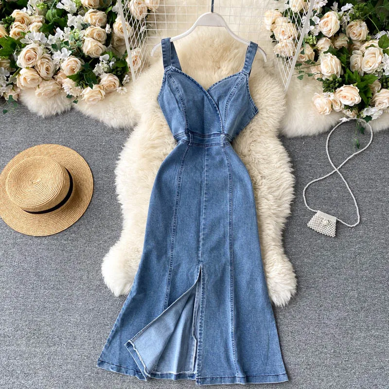 Cut Waist Slim Denim Dress Split commuter Class Strap A-line Dress