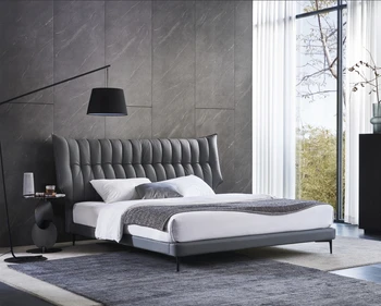 Modern Style Double Bed Hotel Queen Leather Wooden Upholstered Bed Design Eco Friendly Durable Bed
